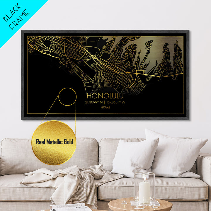 Honolulu Hawaii City Poster, Metallic Gold Art, Metal Art, real wood frames, black and gold, Street Map Wall Art, Best Friend Gifts