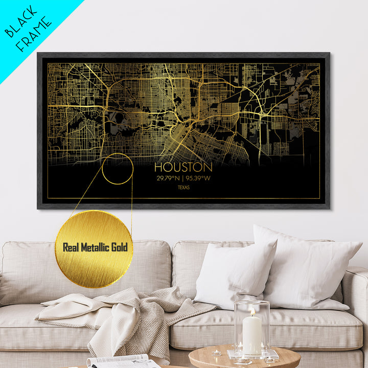 Houston Texas City street map, Metallic Gold Print, Metal Art, wood framed map, black and gold, Street Map Art, Travel Poster, Modern House Art