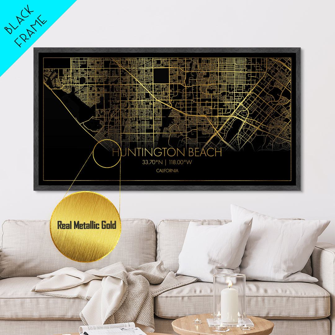 Huntington Beach California City Poster, Metallic Gold Art, Metal Art, real wood frames, black and gold, Street Map Wall Art, Office Decor