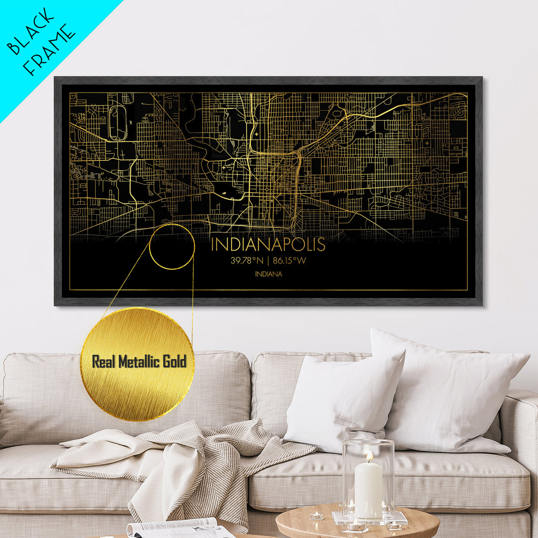 Indianapolis Indiana City Poster, Metallic Gold Art, Metal Art, real wood frames, black and gold, Street Map Wall Art, Map Print Poster