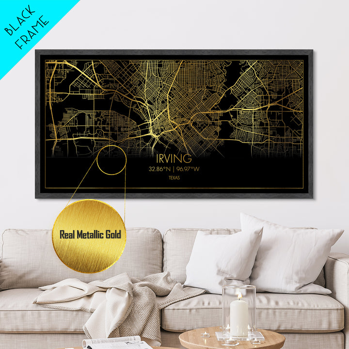 Irving Texas City Poster, Metallic Gold Art, Metal Art, real wood frames, black and gold, Street Map Wall Art, College Dorm Décor