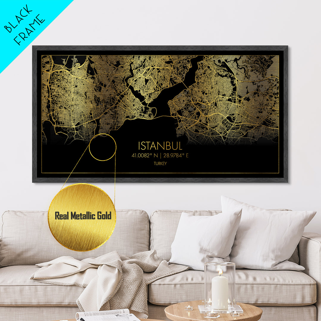 Istanbul Turkey City Poster, Metallic Gold Art, Metal Art, real wood frames, black and gold, Street Map Wall Art, Housewarming Gift