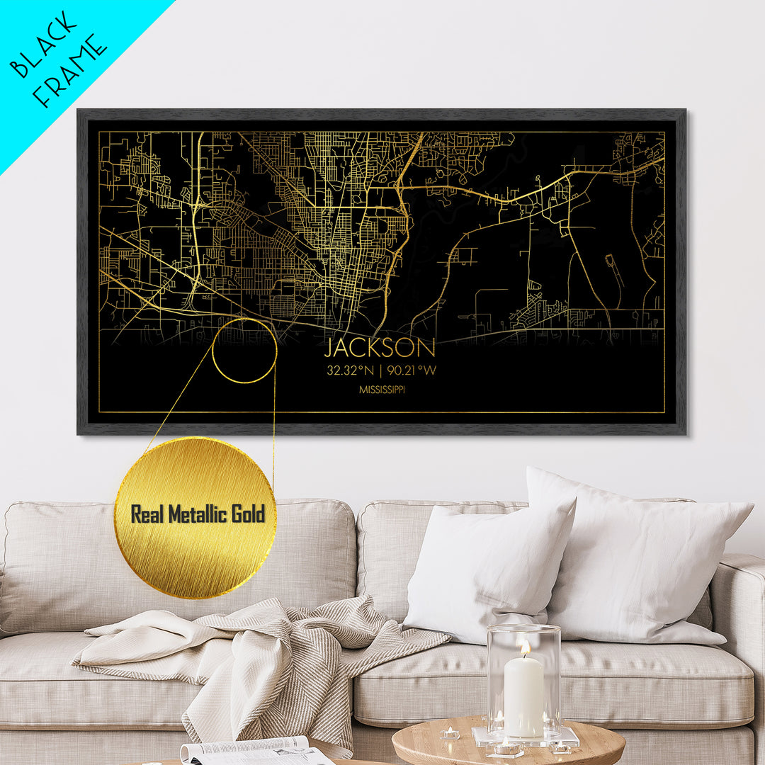 Jackson Mississippi City street map, Metallic Gold Print, Metal Art, wood framed map, black and gold, Street Map Art, Map Art
