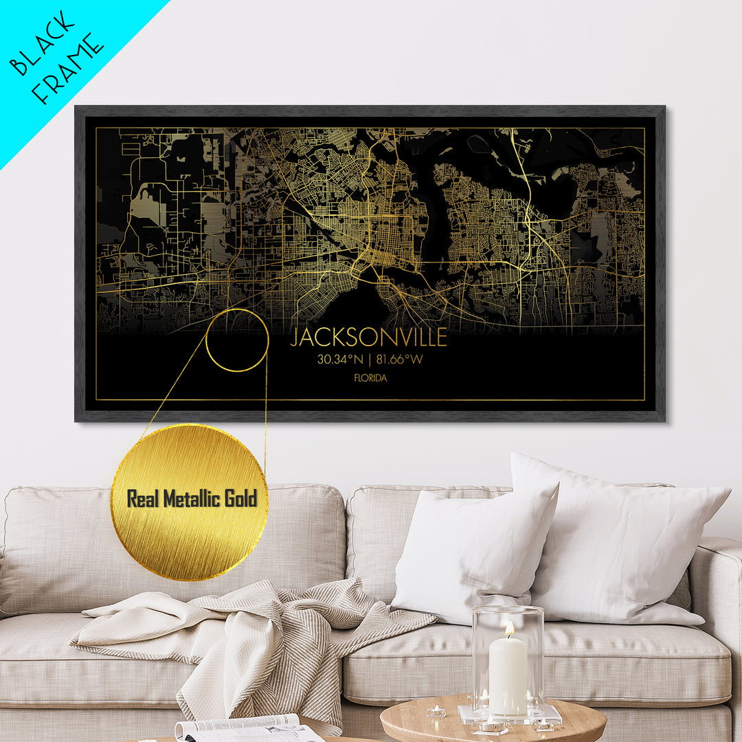 Jacksonville Florida City Poster, Metallic Gold Art, Metal Art, real wood frames, black and gold, Street Map Wall Art, Office Decor