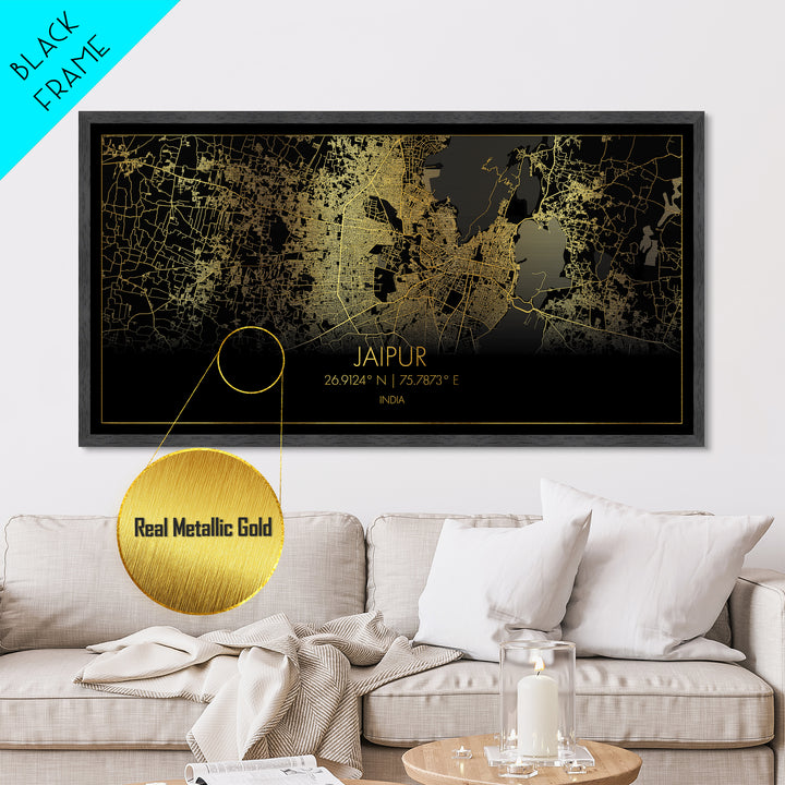 Jaipur India City street map, Metallic Gold Print, Metal Art, wood framed map, black and gold, Street Map Art, Gold Street Map Art