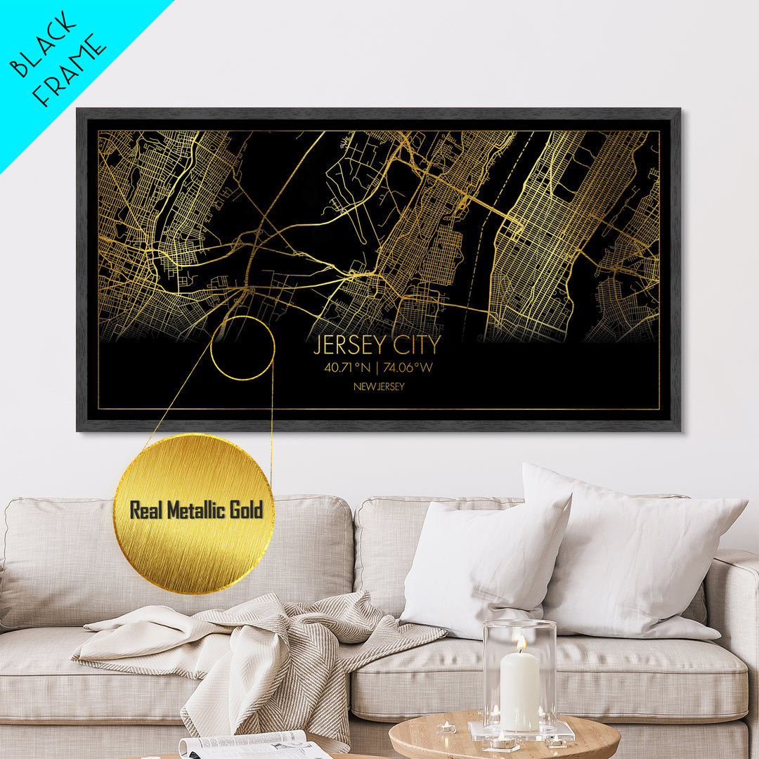 Jersey City New Jersey City Poster, Metallic Gold Art, Metal Art, real wood frames, black and gold, Street Map Wall Art, College Dorm Décor