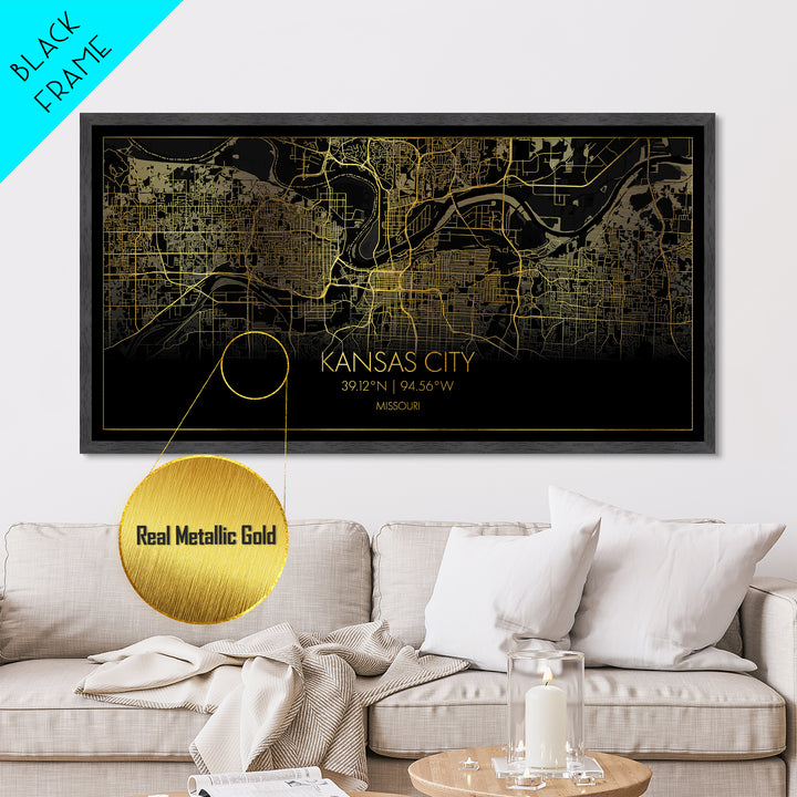 Kansas City Missouri City street map, Metallic Gold Print, Metal Art, wood framed map, black and gold, Street Map Art, Minimalist Wall Art