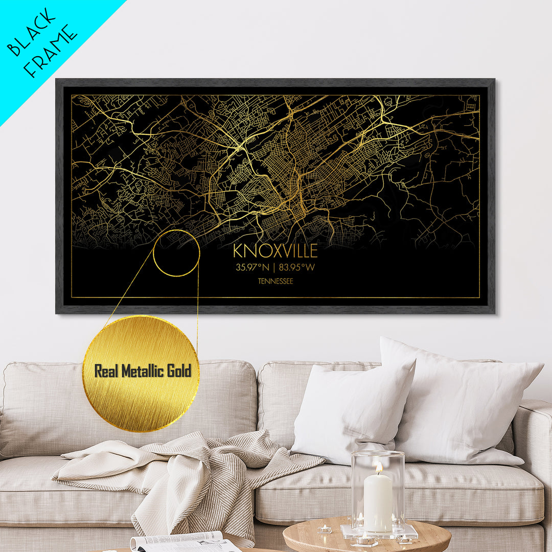 Knoxville Tennessee City Poster, Metallic Gold Art, Metal Art, real wood frames, black and gold, Street Map Wall Art, Best Friend Gifts