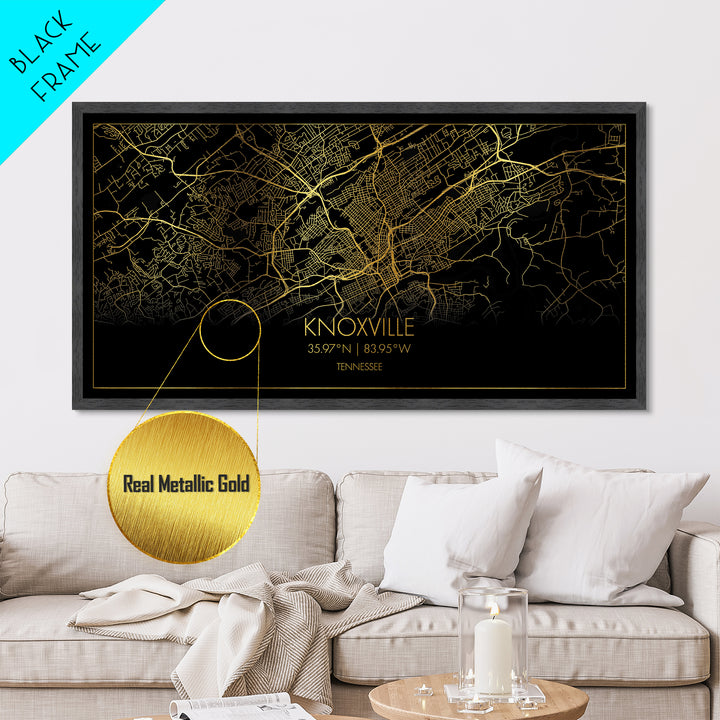 Knoxville Tennessee City Poster, Metallic Gold Art, Metal Art, real wood frames, black and gold, Street Map Wall Art, Best Friend Gifts