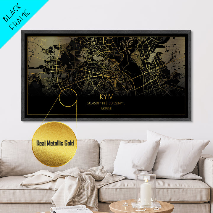 Kyiv Ukraine City street map, Metallic Gold Print, Metal Art, wood framed map, black and gold, Street Map Wall Art, Travel Poster