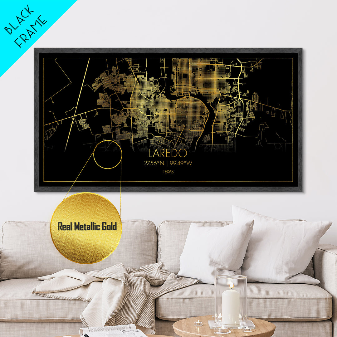 Laredo Texas City Poster, Metallic Gold Art, Metal Art, real wood frames, black and gold, Street Map Art, Modern House Art