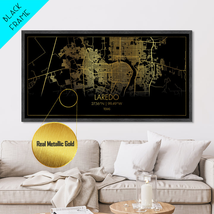 Laredo Texas City Poster, Metallic Gold Art, Metal Art, real wood frames, black and gold, Street Map Art, Modern House Art