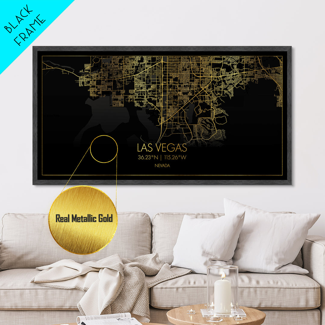 Las Vegas Nevada City street map, Metallic Gold Print, Metal Art, wood framed map, black and gold, Gold Street Map Art, Office Decor