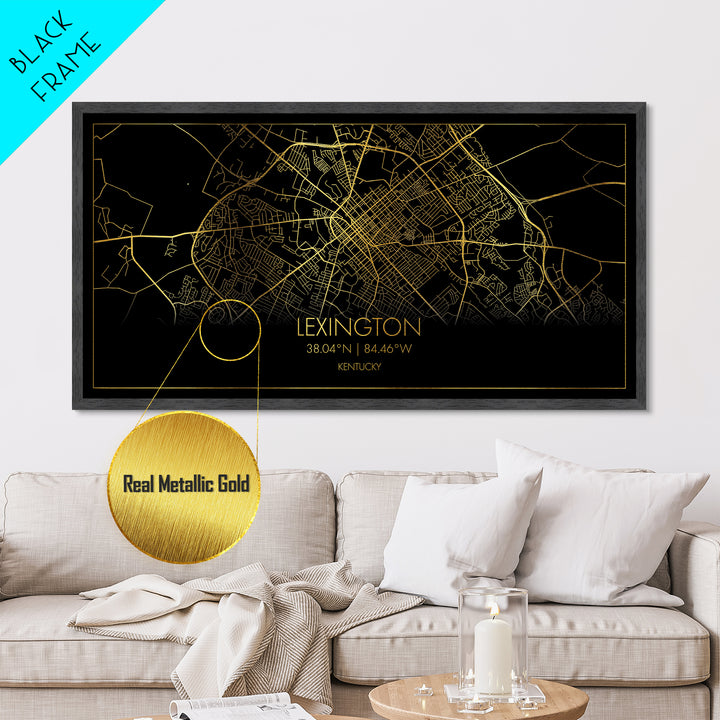 Lexington Kentucky City Poster, Metallic Gold Art, Metal Art, real wood frames, black and gold, Street Map Wall Art, Housewarming Gift