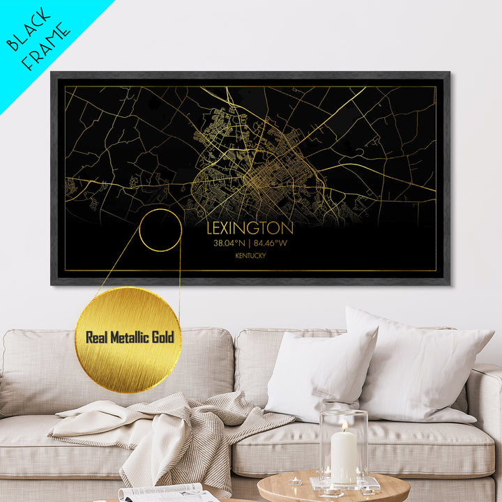 Lexington Kentucky City street map, Metallic Gold Print, Metal Art, wood framed map, black and gold, Minimalist Wall Art, Travel Poster