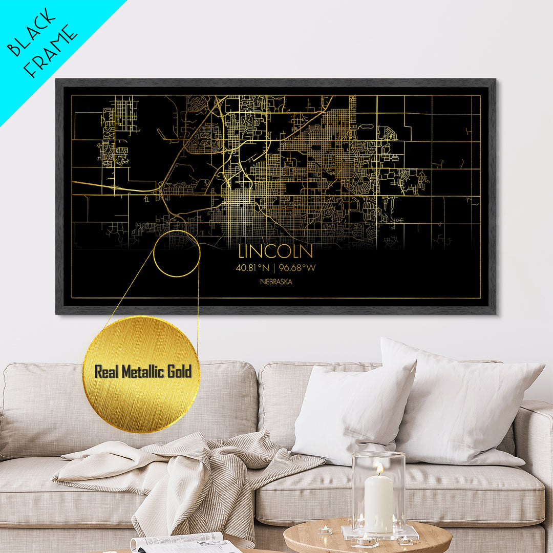 Lincoln Nebraska City Poster, Metallic Gold Art, Metal Art, real wood frames, black and gold, Street Map Art, Best Friend Gifts