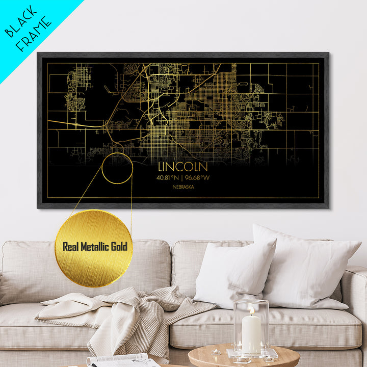 Lincoln Nebraska City Poster, Metallic Gold Art, Metal Art, real wood frames, black and gold, Street Map Art, Best Friend Gifts