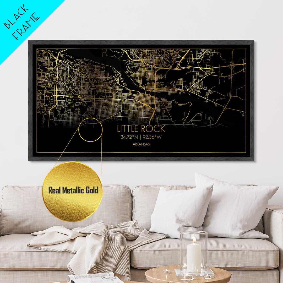 Little Rock Arkansas City Poster, Metallic Gold Art, Metal Art, real wood frames, black and gold, Street Map Art, Office Decor