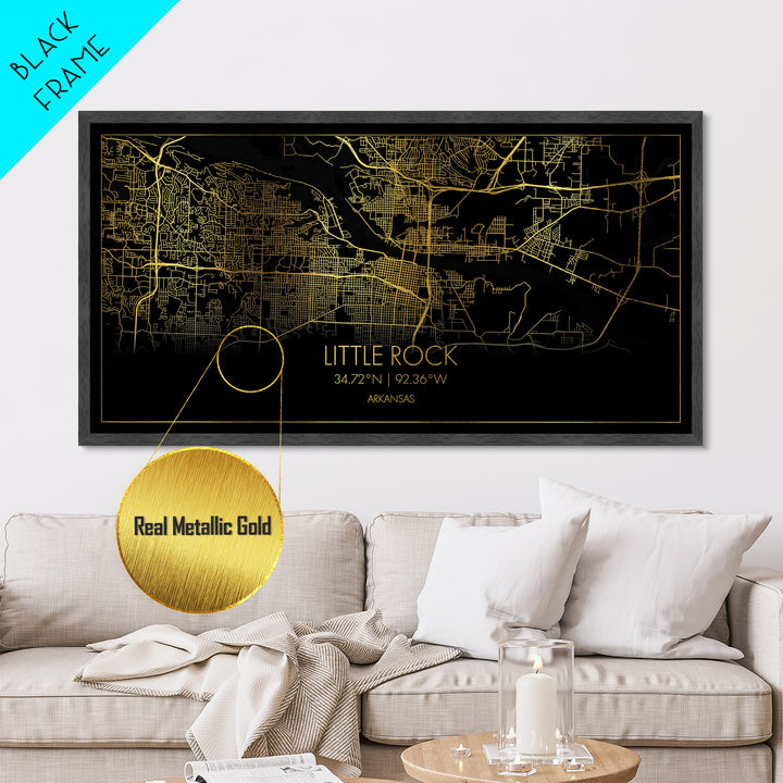 Little Rock Arkansas City Poster, Metallic Gold Art, Metal Art, real wood frames, black and gold, Street Map Art, Office Decor