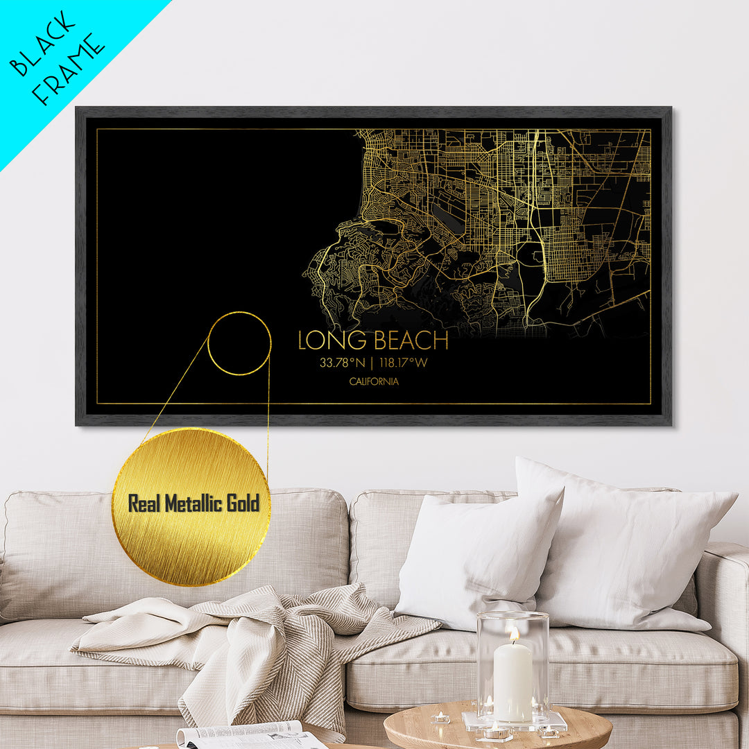 Long Beach California City Poster, Metallic Gold Art, Metal Art, real wood frames, black and gold, Gold Street Map Art, Minimalist Wall Art
