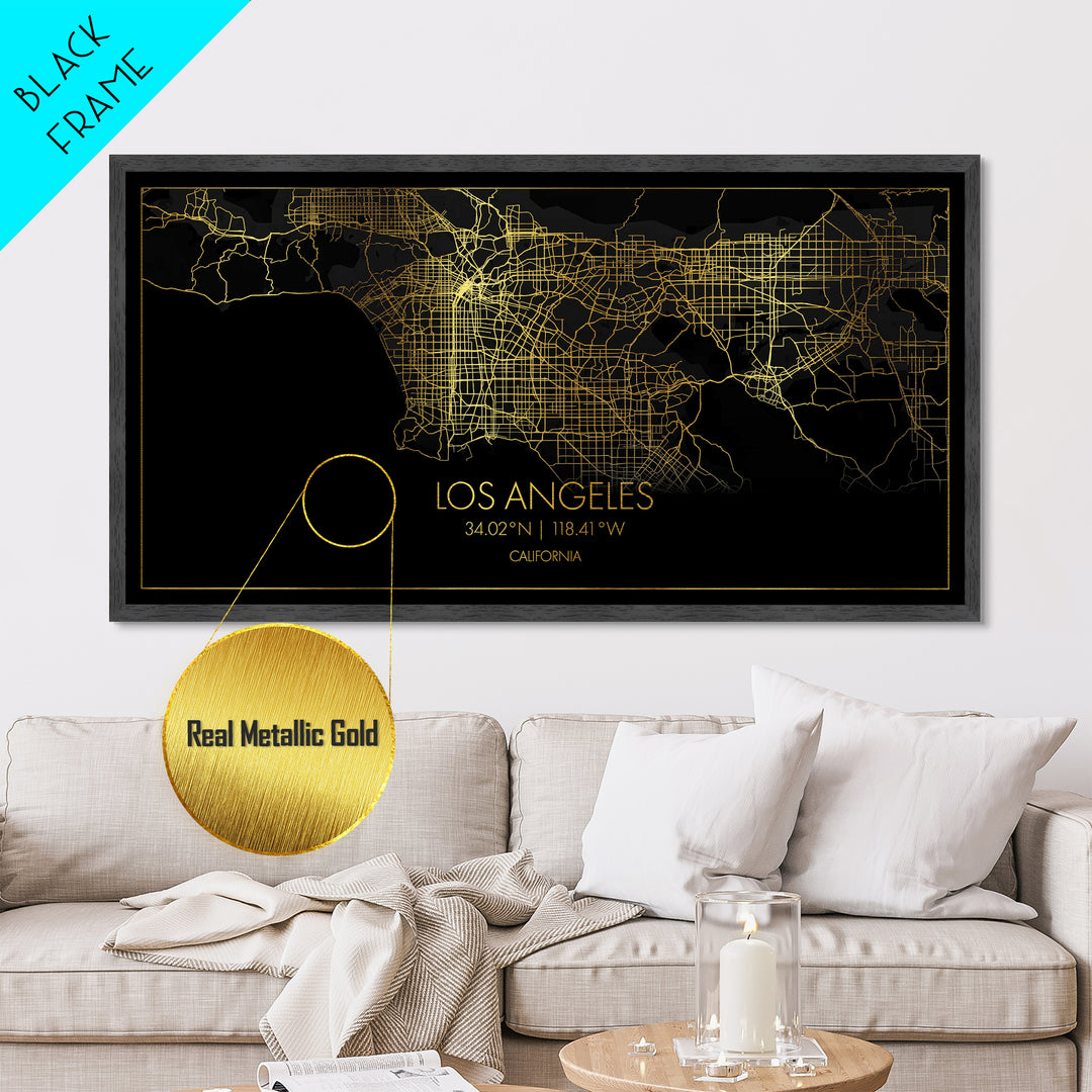 Los Angeles California City street map, Metallic Gold Print, Metal Art, wood framed map, black and gold, Street Map Art, Travel Poster
