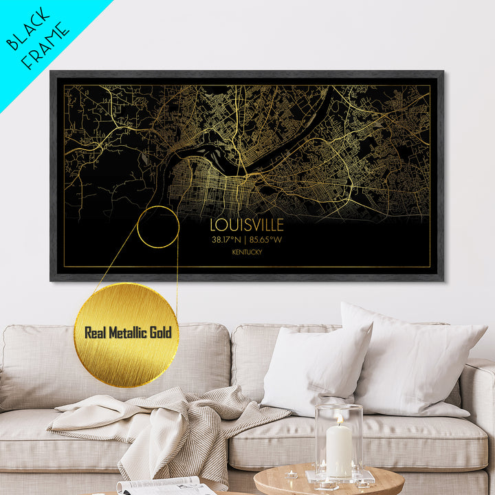 Louisville Kentucky City Poster, Metallic Gold Art, Metal Art, real wood frames, black and gold, Street Map Wall Art, Map Art