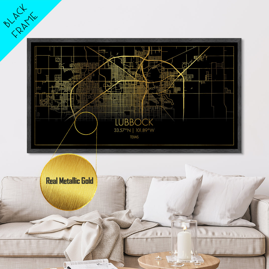 Lubbock Texas City street map, Metallic Gold Print, Metal Art, wood framed map, black and gold, Street Map Art, Best Friend Gifts