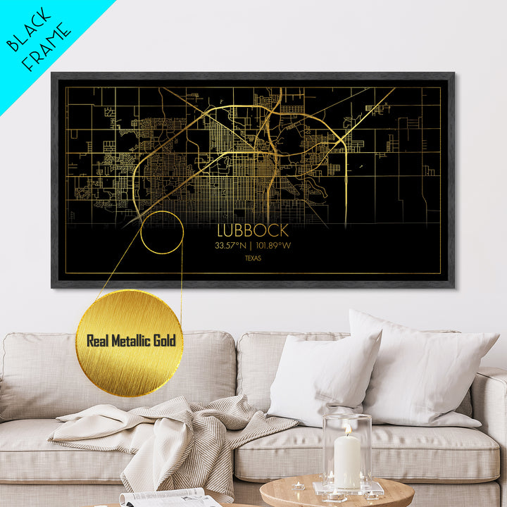 Lubbock Texas City street map, Metallic Gold Print, Metal Art, wood framed map, black and gold, Street Map Art, Best Friend Gifts