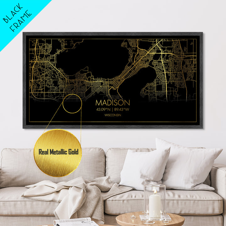 Madison Wisconsin City Poster, Metallic Gold Art, Metal Art, real wood frames, black and gold, Travel Poster, Minimalist Wall Art