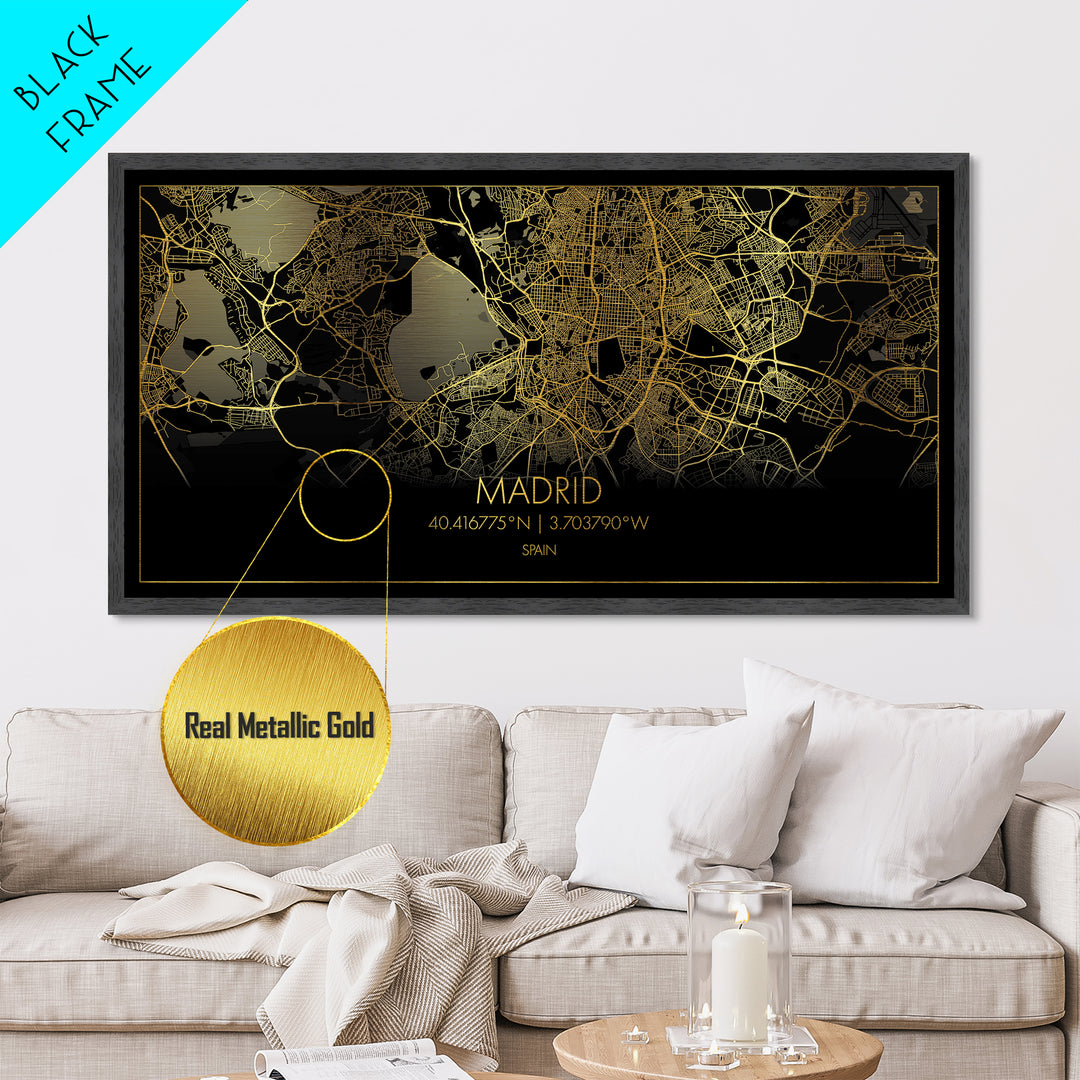 Madrid Spain City street map, Metallic Gold Print, Metal Art, wood framed map, black and gold, Street Map Wall Art, College Dorm Décor