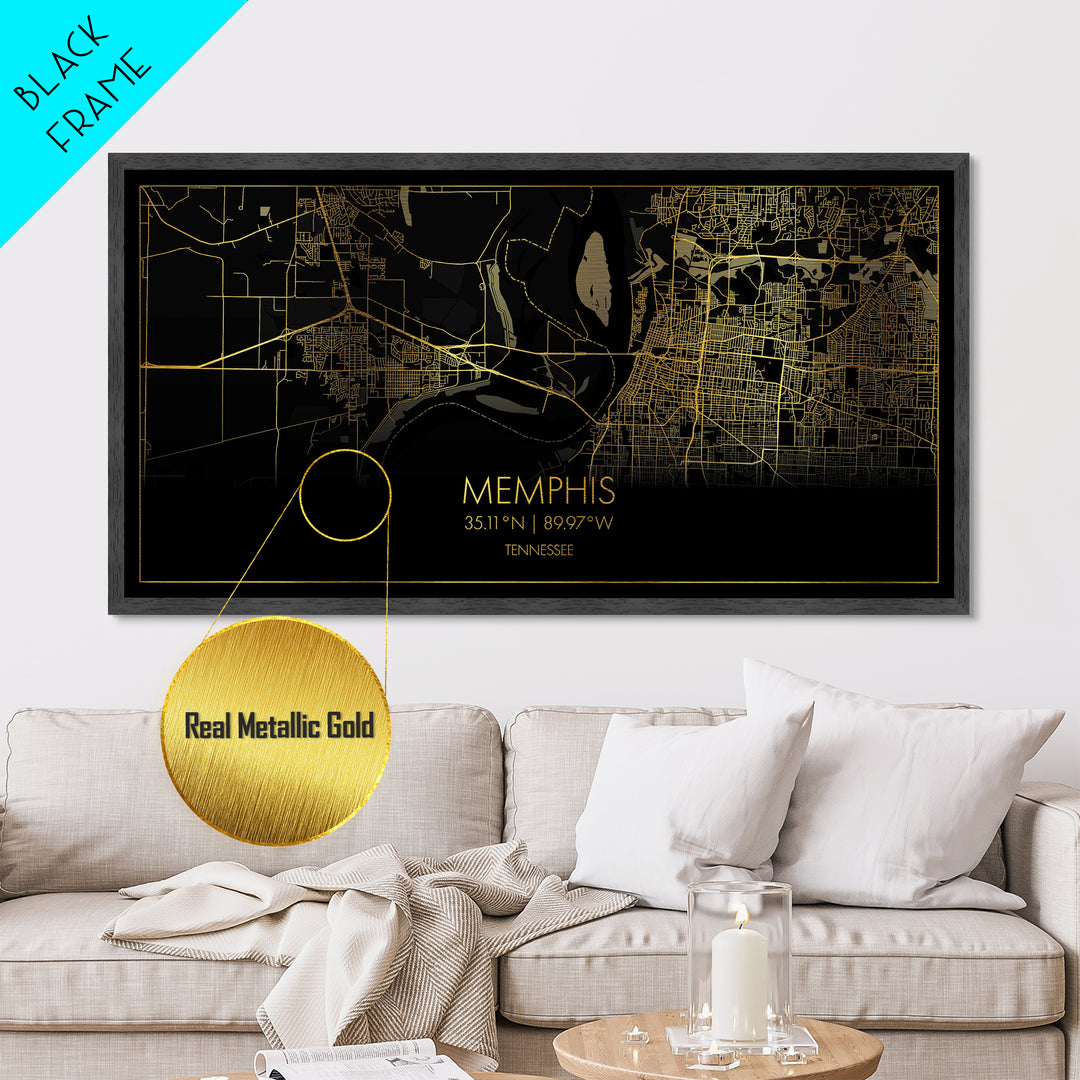 Memphis Tennessee City Poster, Metallic Gold Art, Metal Art, real wood frames, black and gold, Street Map Art, Housewarming Gift