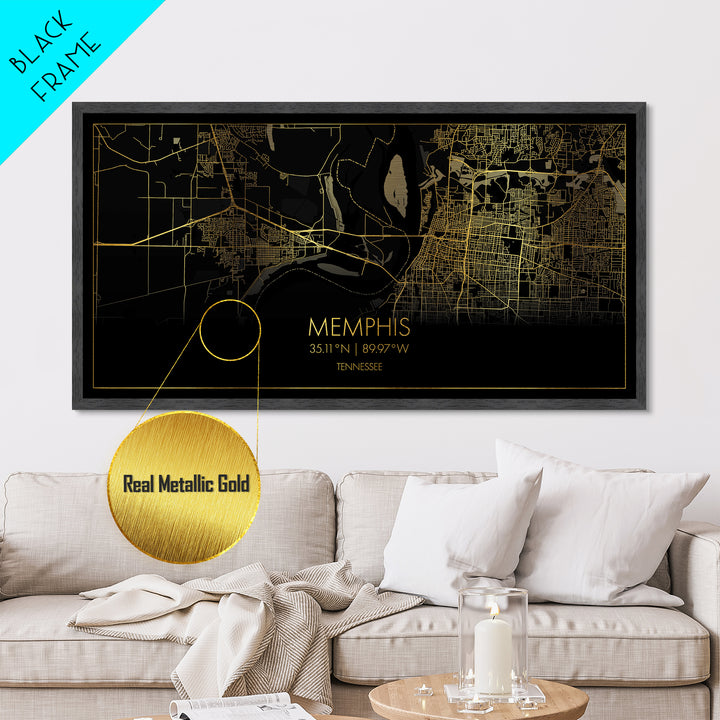 Memphis Tennessee City Poster, Metallic Gold Art, Metal Art, real wood frames, black and gold, Street Map Art, Housewarming Gift