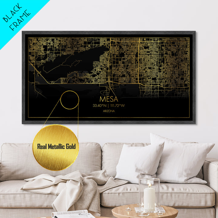 Mesa Arizona City street map, Metallic Gold Print, Metal Art, wood framed map, black and gold, Modern Wall Art, Street Map Wall Art