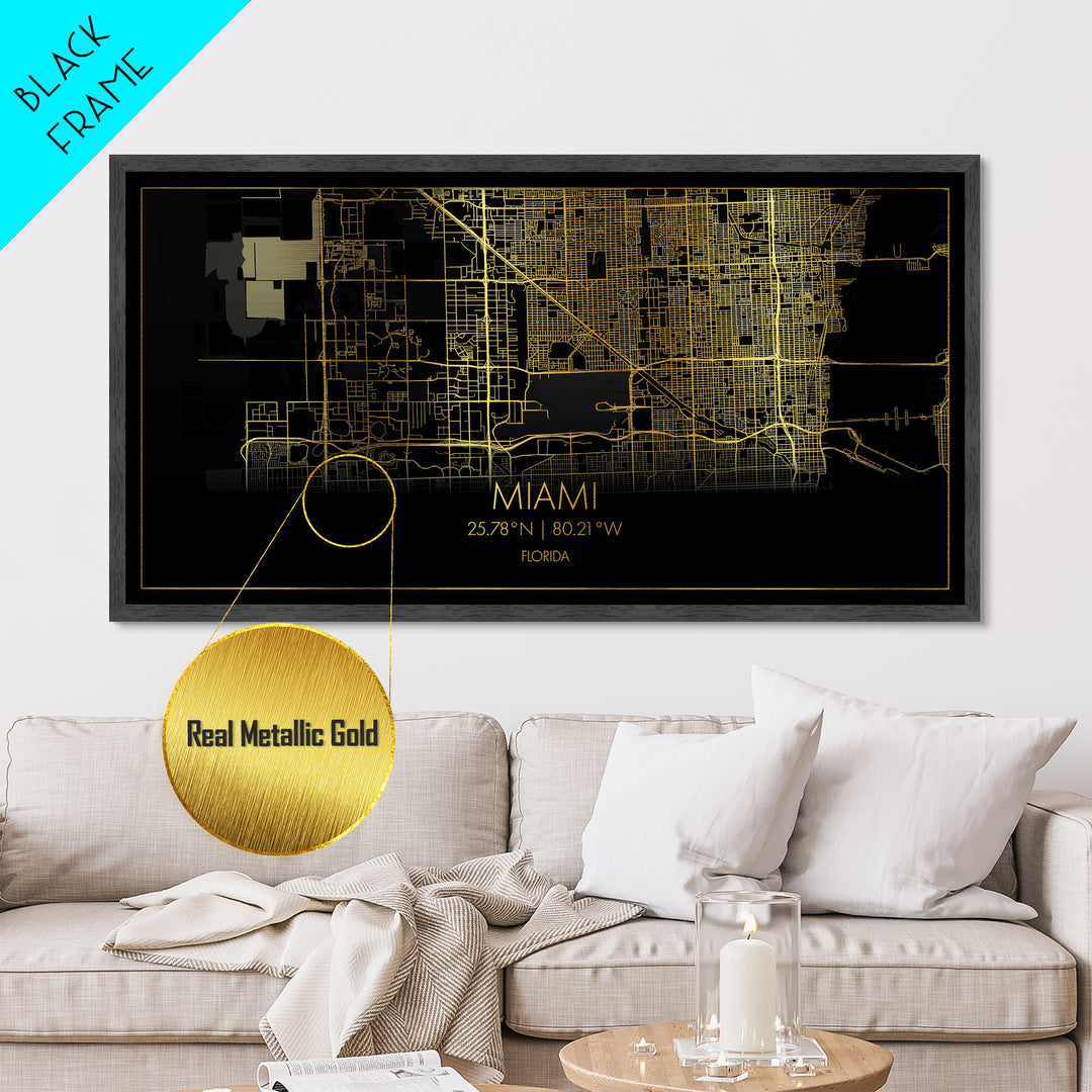 Miami Florida City Poster, Metallic Gold Art, Metal Art, real wood frames, black and gold, Street Map Art, Map Print Poster