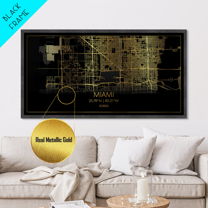 Miami Florida City Poster, Metallic Gold Art, Metal Art, real wood frames, black and gold, Street Map Art, Map Print Poster