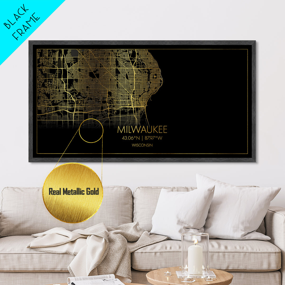 Milwaukee Wisconsin City Poster, Metallic Gold Art, Metal Art, real wood frames, black and gold, Street Map Art, Map Art