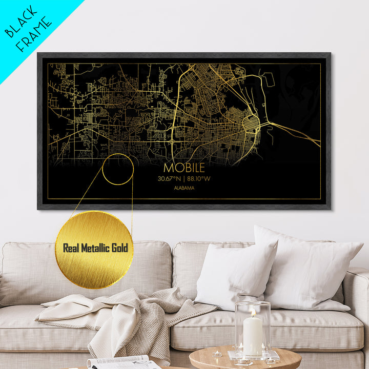 Mobile Alabama City Poster, Metallic Gold Art, Metal Art, real wood frames, black and gold, Street Map Art, Housewarming Gift