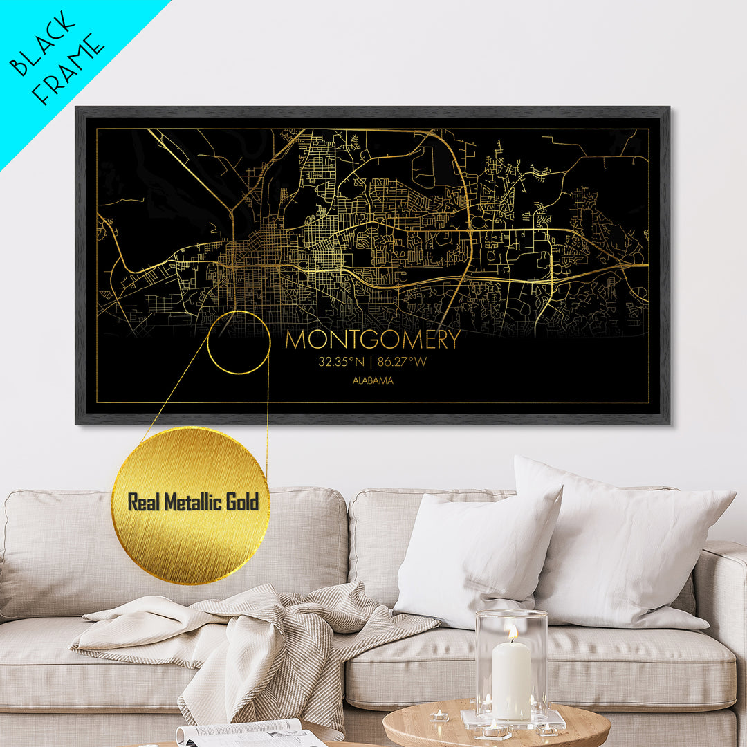 Montgomery Alabama City Poster, Metallic Gold Art, Metal Art, real wood frames, black and gold, Street Map Art, Office Decor