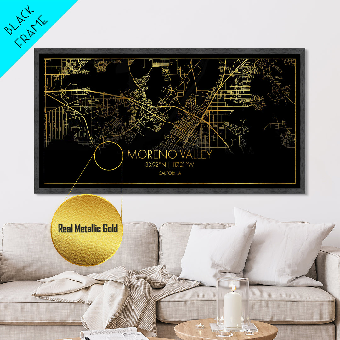 Moreno Valley California City street map, Metallic Gold Print, Metal Art, wood framed map, black and gold, Street Map Wall Art, Best Friend Gifts