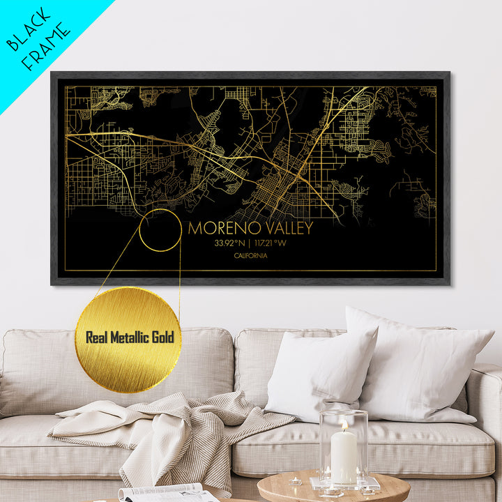 Moreno Valley California City street map, Metallic Gold Print, Metal Art, wood framed map, black and gold, Street Map Wall Art, Best Friend Gifts