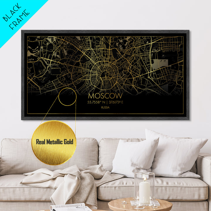 Moscow Russia City Poster, Metallic Gold Art, Metal Art, real wood frames, black and gold, Street Map Art, College Dorm Décor
