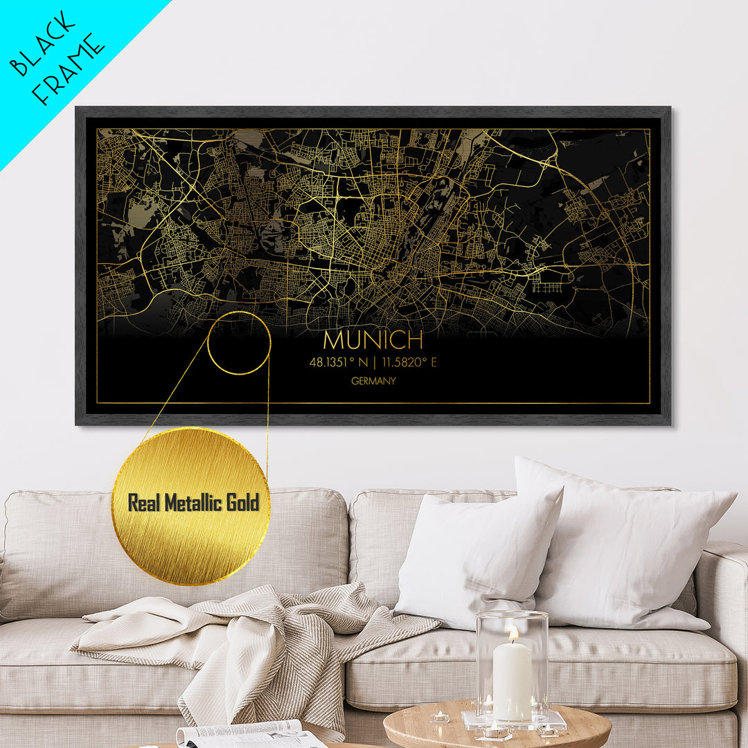 Munich Germany City street map, Metallic Gold Print, Metal Art, wood framed map, black and gold, Street Map Wall Art, Housewarming Gift