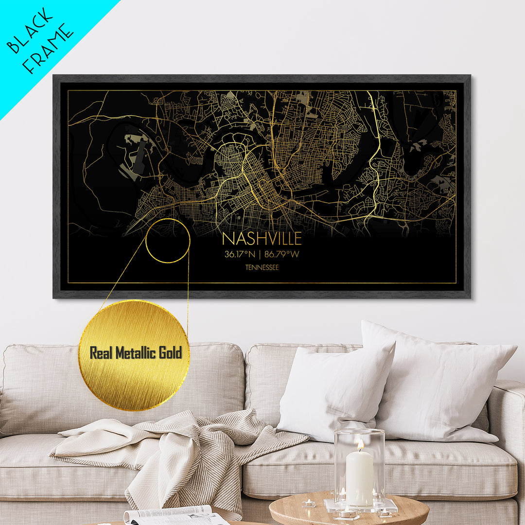 Nashville Tennessee City Poster, Metallic Gold Art, Metal Art, real wood frames, black and gold, Street Map Art, Map Art