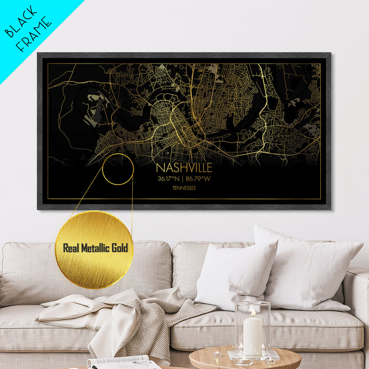 Nashville Tennessee City Poster, Metallic Gold Art, Metal Art, real wood frames, black and gold, Street Map Art, Map Art