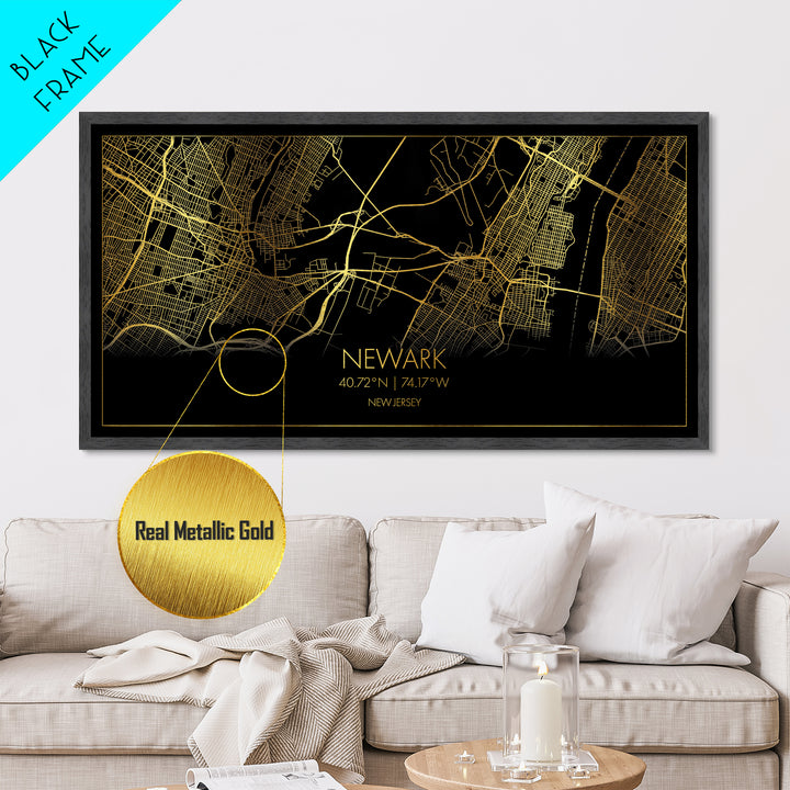 Newark New Jersey City street map, Metallic Gold Print, Metal Art, wood framed map, black and gold, Street Map Wall Art, Office Decor