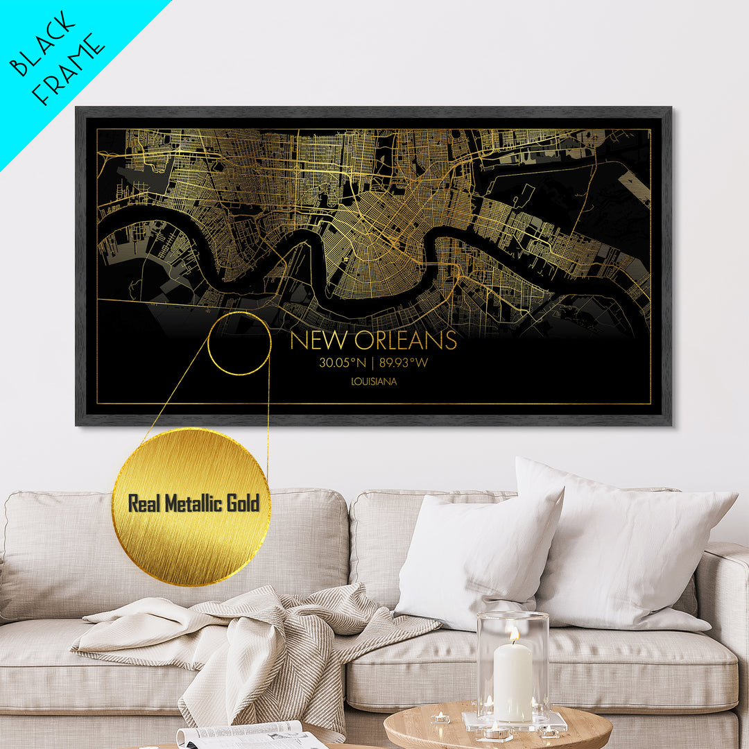 New Orleans Louisiana City Poster, Metallic Gold Art, Metal Art, real wood frames, black and gold, Street Map Art, Housewarming Gift