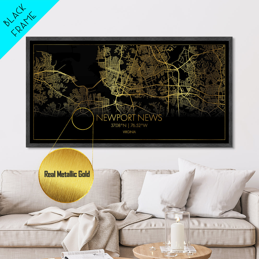 Newport News Virginia City street map, Metallic Gold Print, Metal Art, wood framed map, black and gold, Street Map Wall Art, Travel Poster