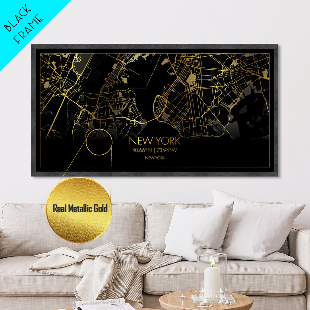 New York New York City Poster, Metallic Gold Art, Metal Art, real wood frames, black and gold, Street Map Art, College Dorm Décor