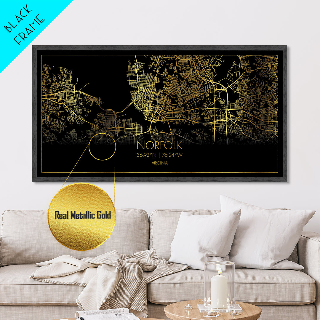 Norfolk Virginia City street map, Metallic Gold Print, Metal Art, wood framed map, black and gold, Street Map Wall Art, Best Friend Gifts
