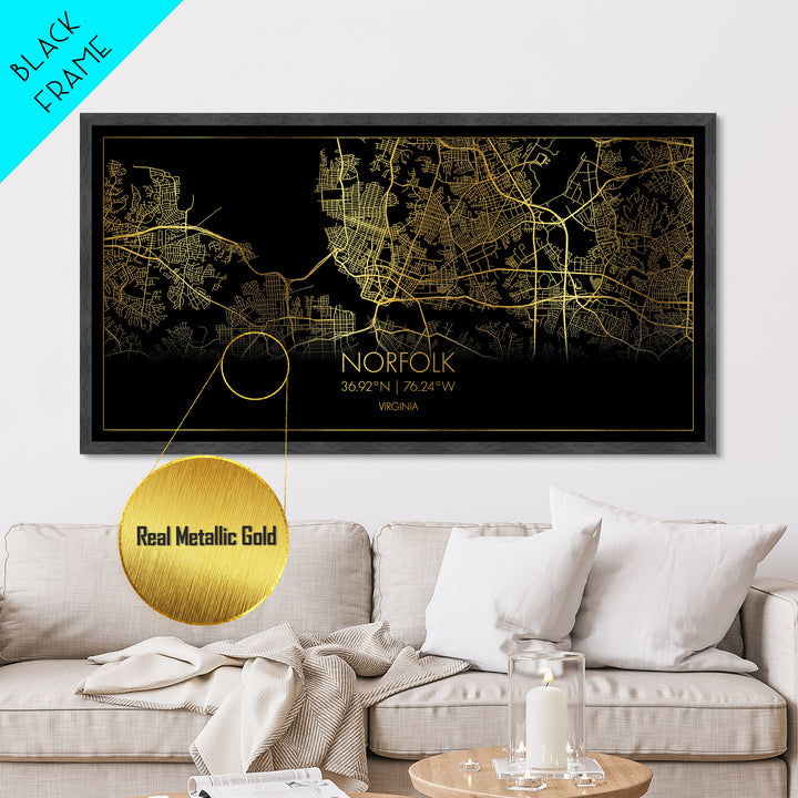 Norfolk Virginia City street map, Metallic Gold Print, Metal Art, wood framed map, black and gold, Street Map Wall Art, Best Friend Gifts